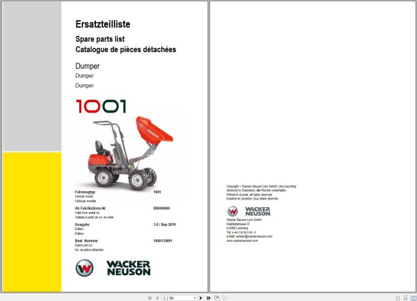 Wacker Neuson Dumper 1001 Spare Parts List 1000135891 1