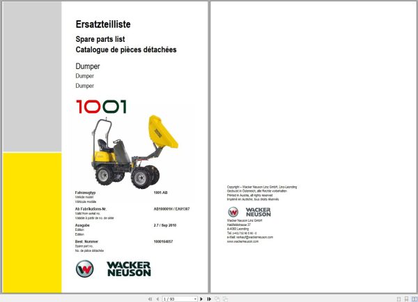 Wacker Neuson Dumper 1001 Spare Parts List 1000164057 1