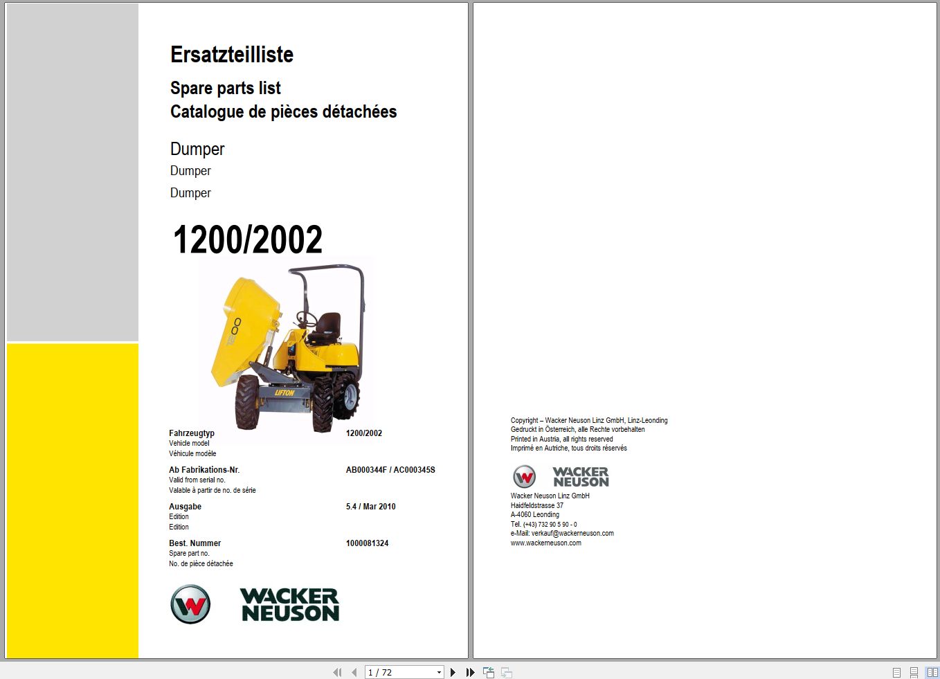Wacker Neuson Dumper 1200 2002 Spare Parts List 1000081324 1