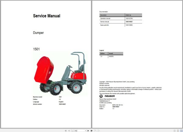 Wacker Neuson Dumper 1501 1.0 Service Manual and Diagram 1000144667 1