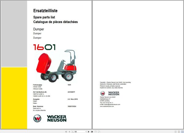 Wacker Neuson Dumper 1601 Spare Parts List 1000151854 1
