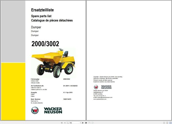 Wacker Neuson Dumper 2000 3002 Spare Parts List 1000114079 1