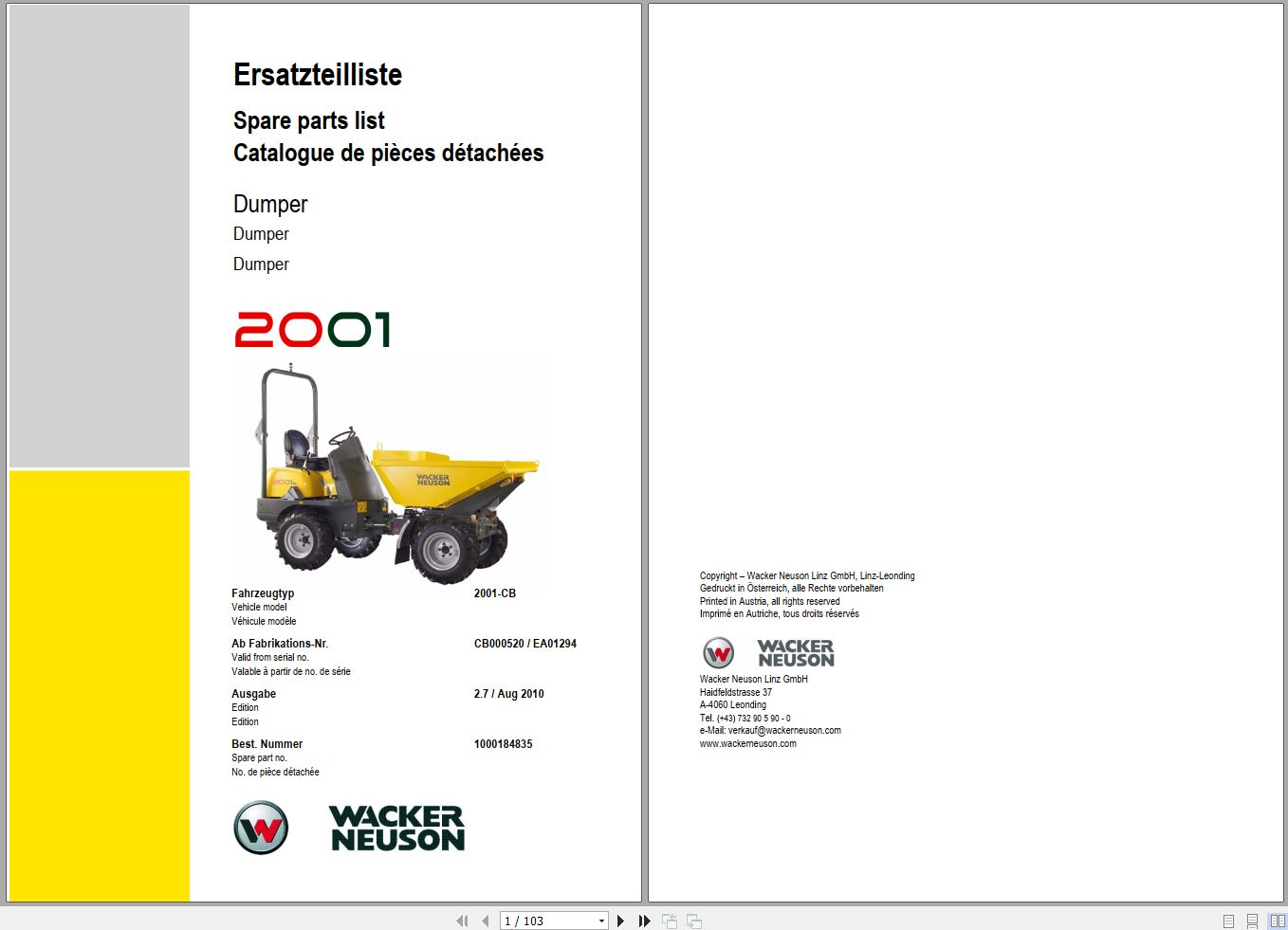 Wacker Neuson Dumper 2001 Spare Parts List 1000184835 1
