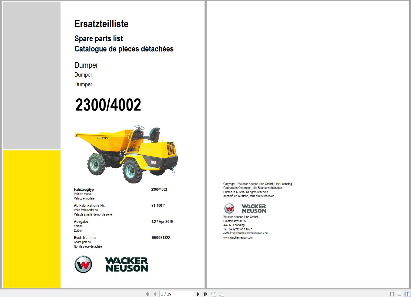 Wacker Neuson Dumper 2300 4002 Spare Parts List 1000081322 1