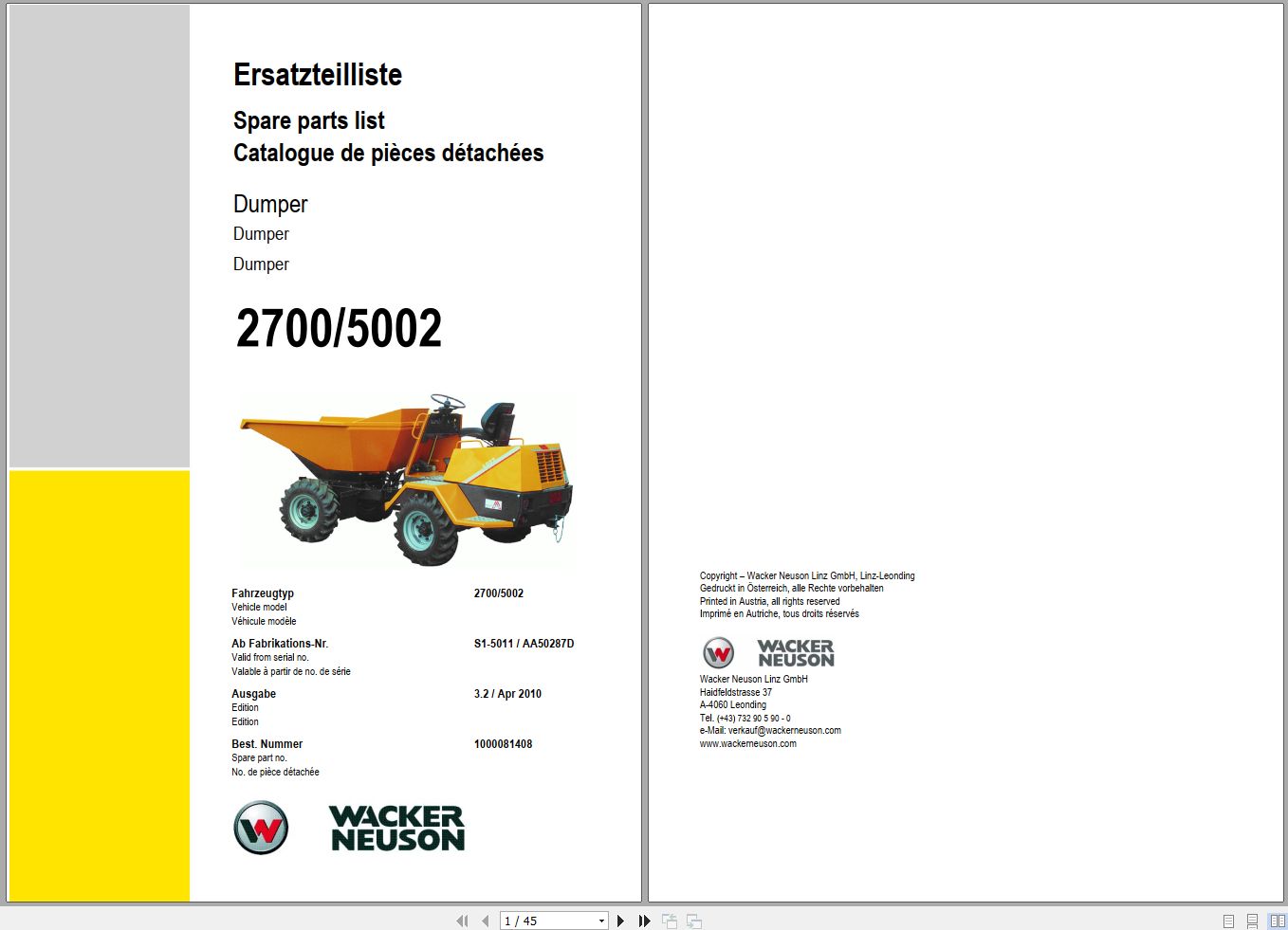 Wacker Neuson Dumper 2700 5002 Spare Parts List 1000081408 1