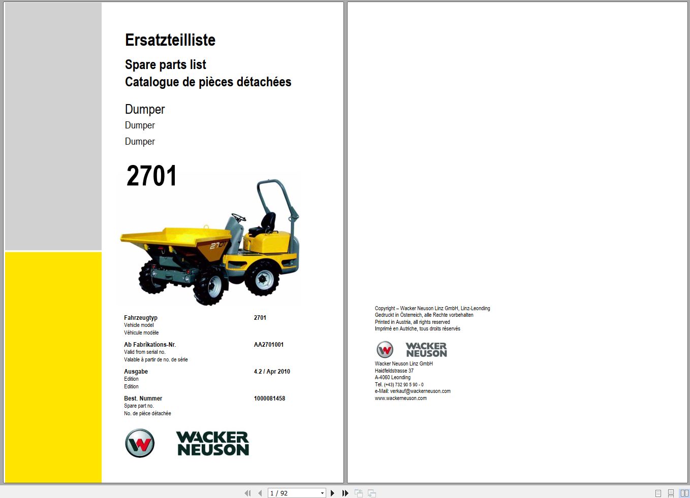 Wacker Neuson Dumper 2701 Spare Parts List 1000081458 1