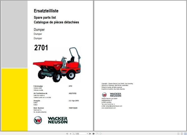 Wacker Neuson Dumper 2701 Spare Parts List 1000136228 1
