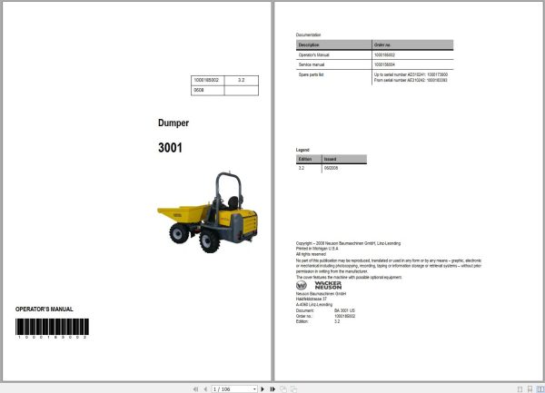 Wacker Neuson Dumper 3001 Operating Manual 335402179 1