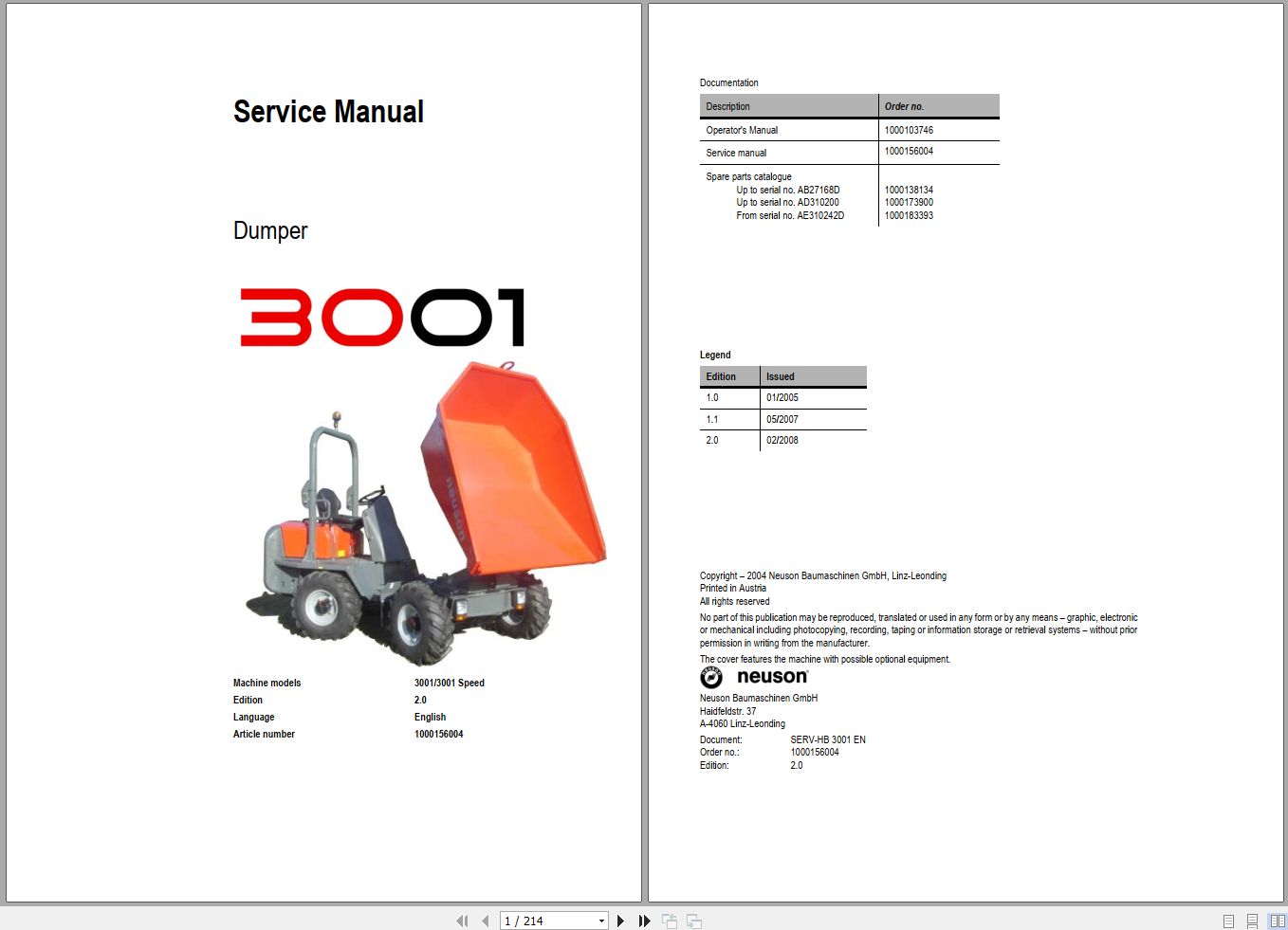Wacker Neuson Dumper 3001 Service Manual and Diagram 1000156004 1