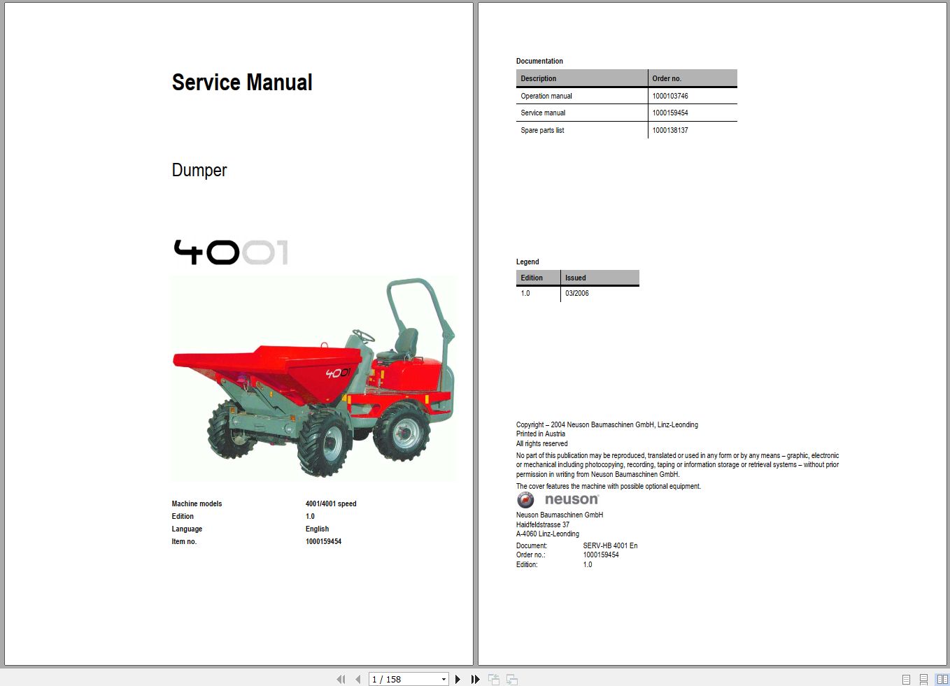 Wacker Neuson Dumper 4001 Service Manual and Diagram 1000159454 1