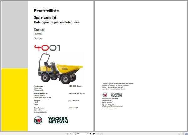 Wacker Neuson Dumper 4001 Spare Parts List 1000138137 1