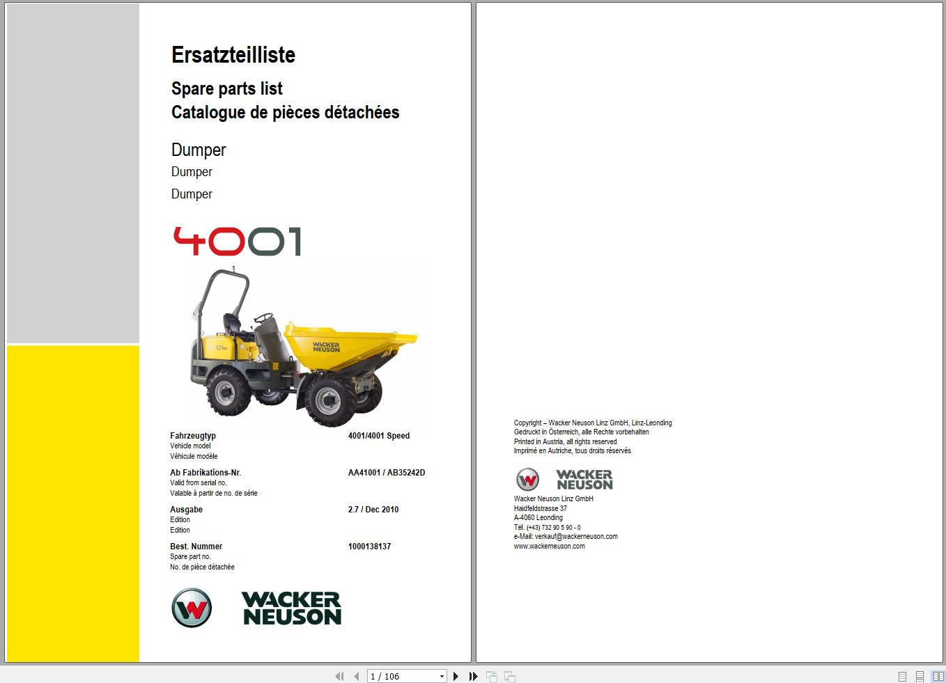 Wacker Neuson Dumper 4001 Spare Parts List 1000138137 1