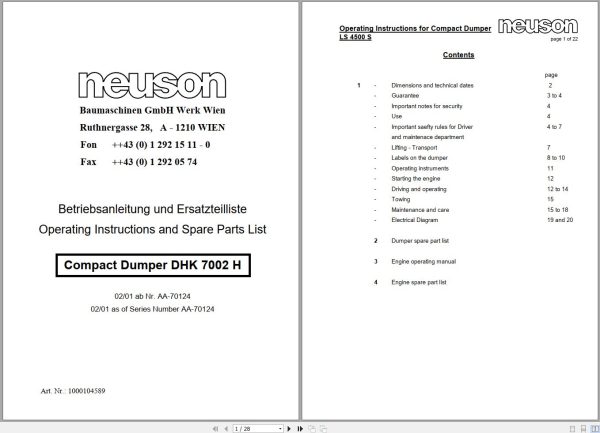 Wacker Neuson Dumper 4500 7002 Operating Manual 1000104589 1