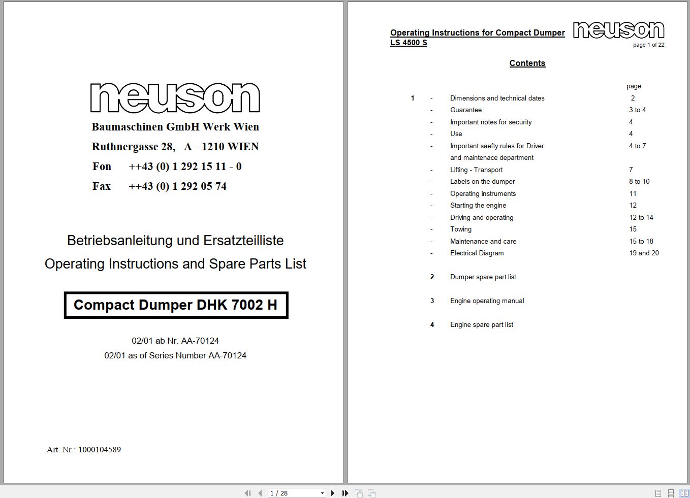 Wacker Neuson Dumper 4500 7002 Operating Manual 1000104589 1