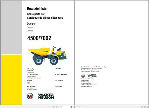 Wacker Neuson Dumper 4500 7002 Spare Parts List 1000112883 1