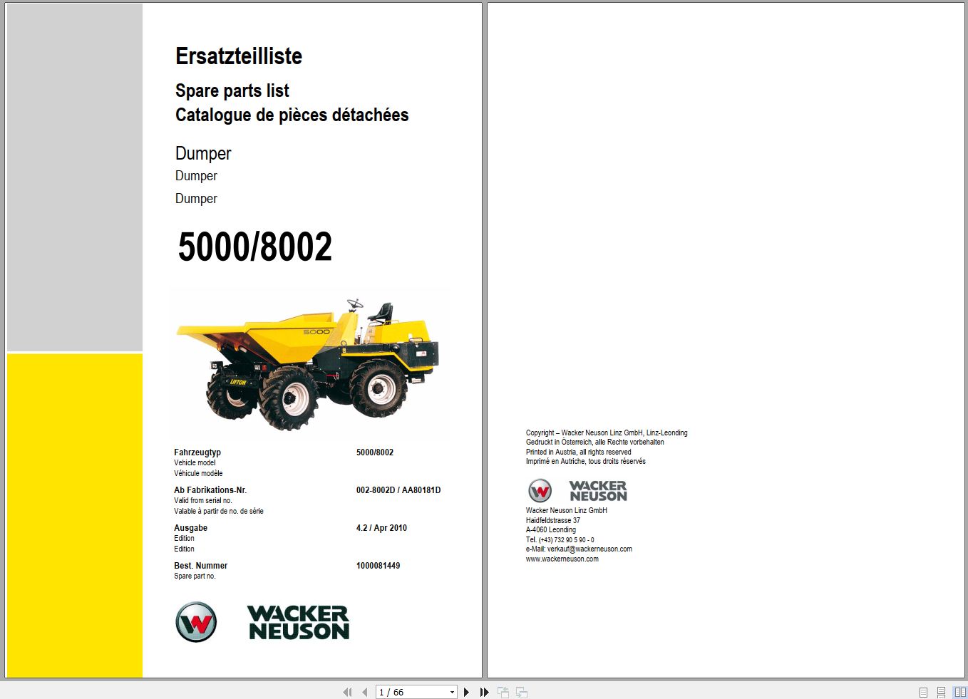 Wacker Neuson Dumper 5000 8002 Spare Parts List 1000081449 1