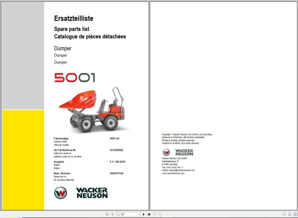Wacker Neuson Dumper 5001 Spare Parts List 1000161144 1