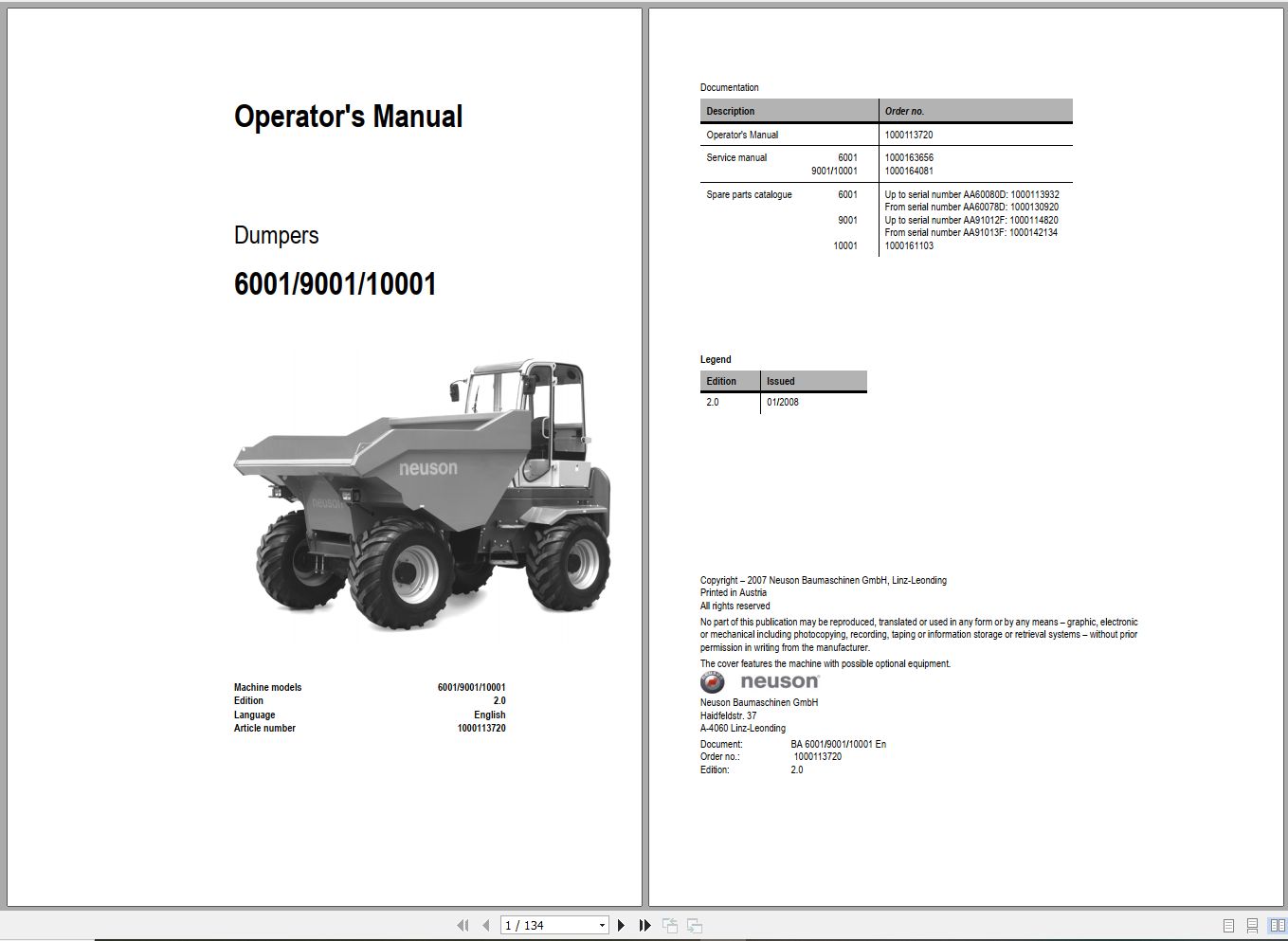 Wacker Neuson Dumper 6001 9001 10001 Operating Manual 1000113720 1