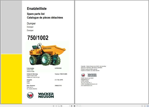 Wacker Neuson Dumper 750 1002 Spare Parts List 1000237315 1