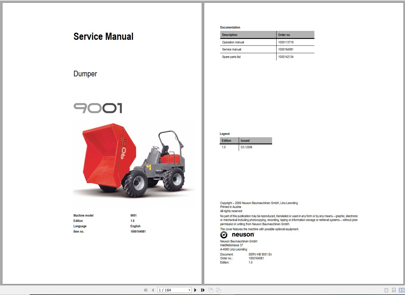 Wacker Neuson Dumper 9001 Service Manual and Diagram 1000164081 1