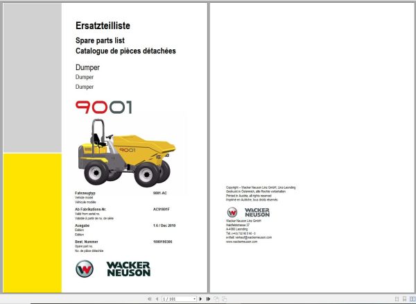 Wacker Neuson Dumper 9001 Spare Parts List 1000190306 1