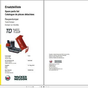 Wacker Neuson Dumper TD15 Spare Parts List 1000081302 1