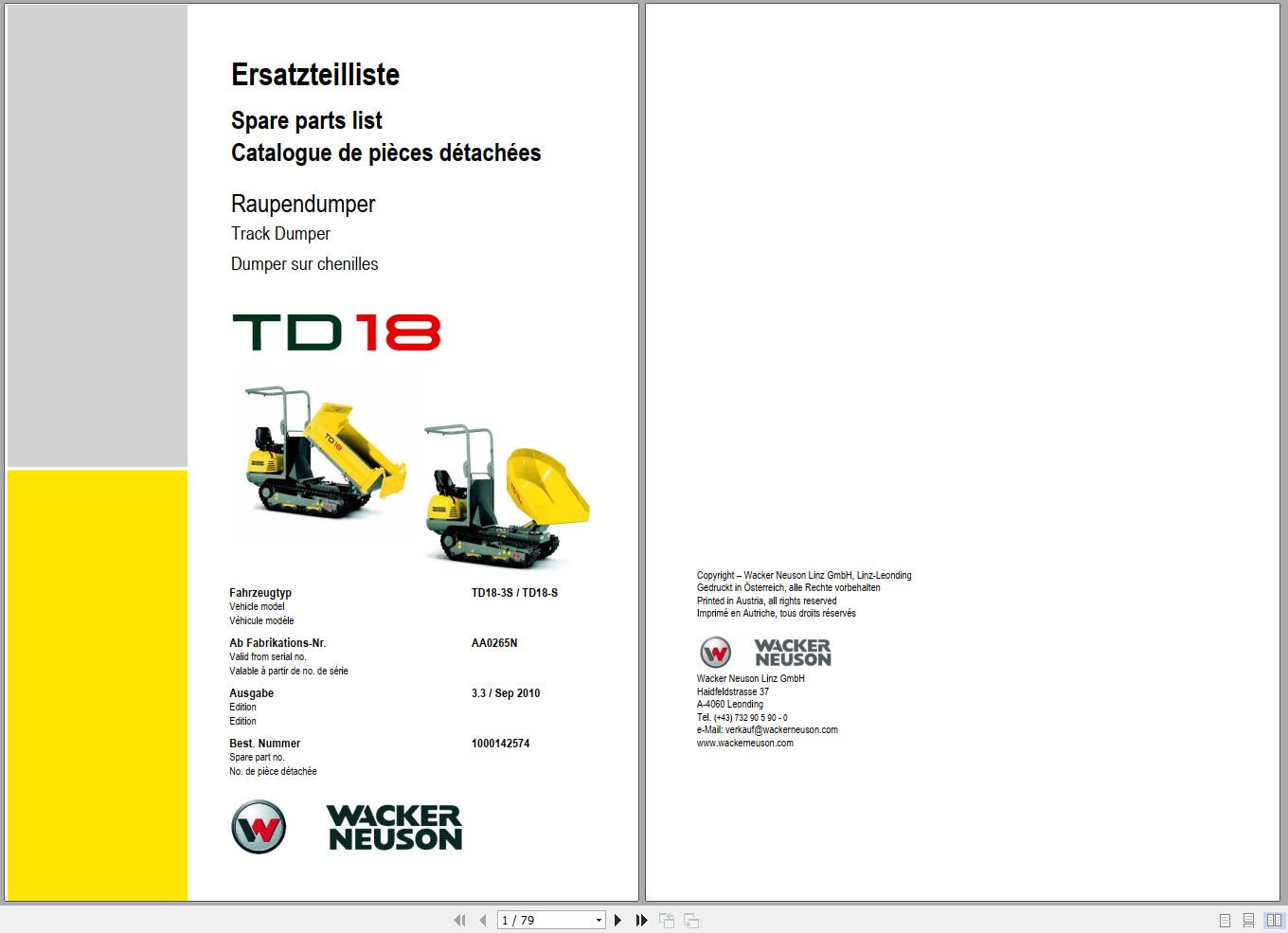 Wacker Neuson Dumper TD18 Spare Parts List 1000142574 1