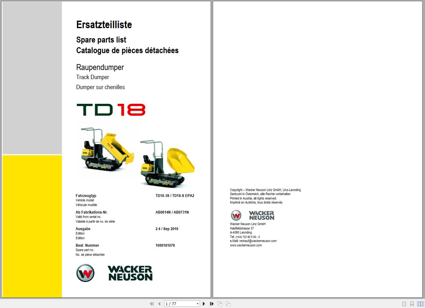 Wacker Neuson Dumper TD18 Spare Parts List 1000181078 1