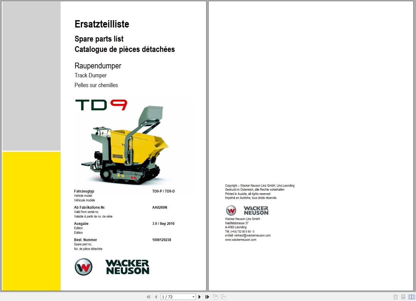 Wacker Neuson Dumper TD9 Spare Parts List 1000129238 1