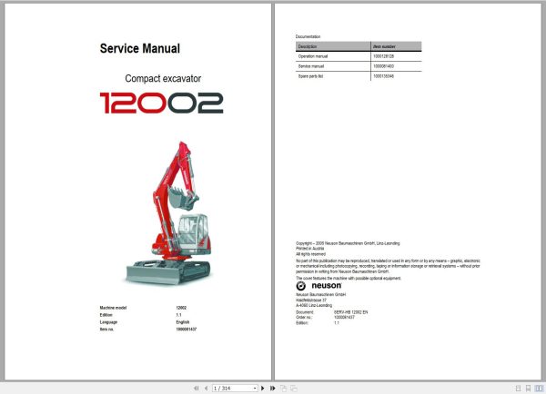 Wacker Neuson Excavator 12002 Service Manual and Diagram 1000081437 1