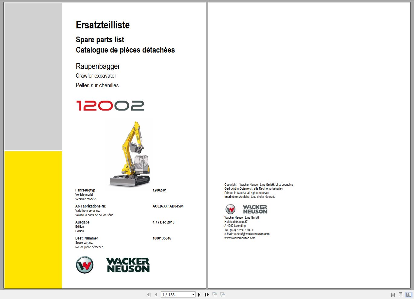 Wacker Neuson Excavator 12002 Spare Parts List 1000135346 1