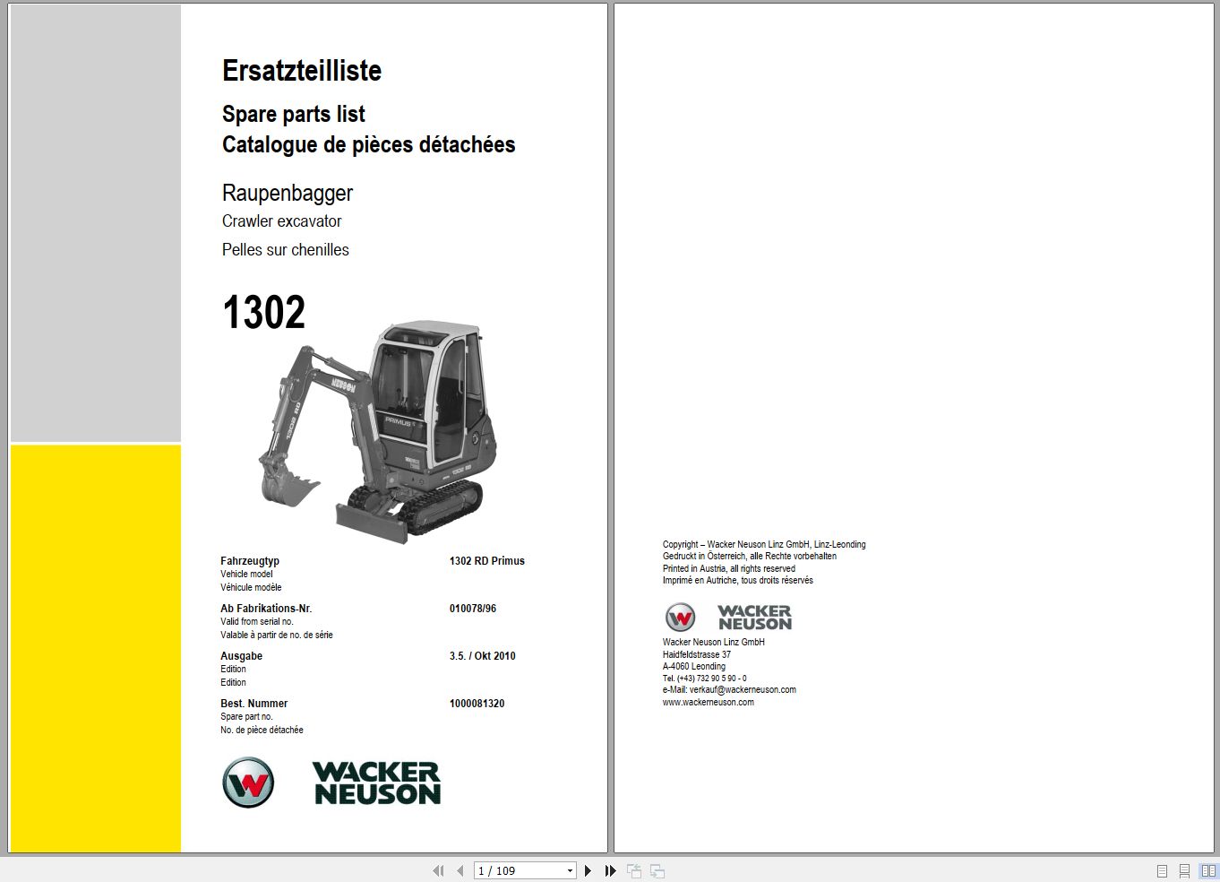 Wacker Neuson Excavator 1302 RD Primus Spare Parts List 1000081320 1