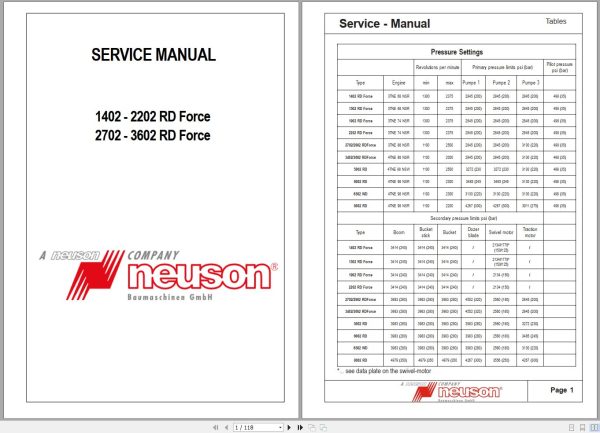 Wacker Neuson Excavator 1402 2202 2702 3602 RD Force Service Manual and Diagram 1000081405 1