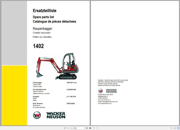 Wacker Neuson Excavator 1402 RD Force Spare Parts List 1000142098 1