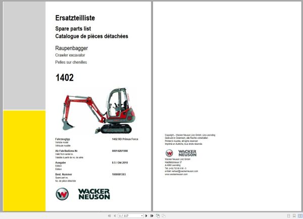 Wacker Neuson Excavator 1402 RD Primus Force Spare Parts List 1000081303 1