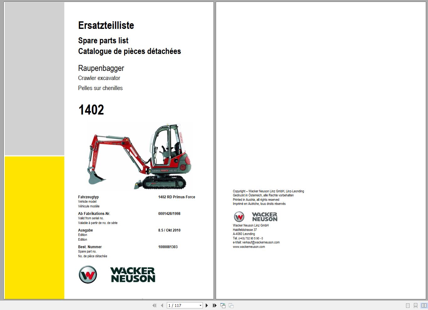 Wacker Neuson Excavator 1402 RD Primus Force Spare Parts List 1000081303 1