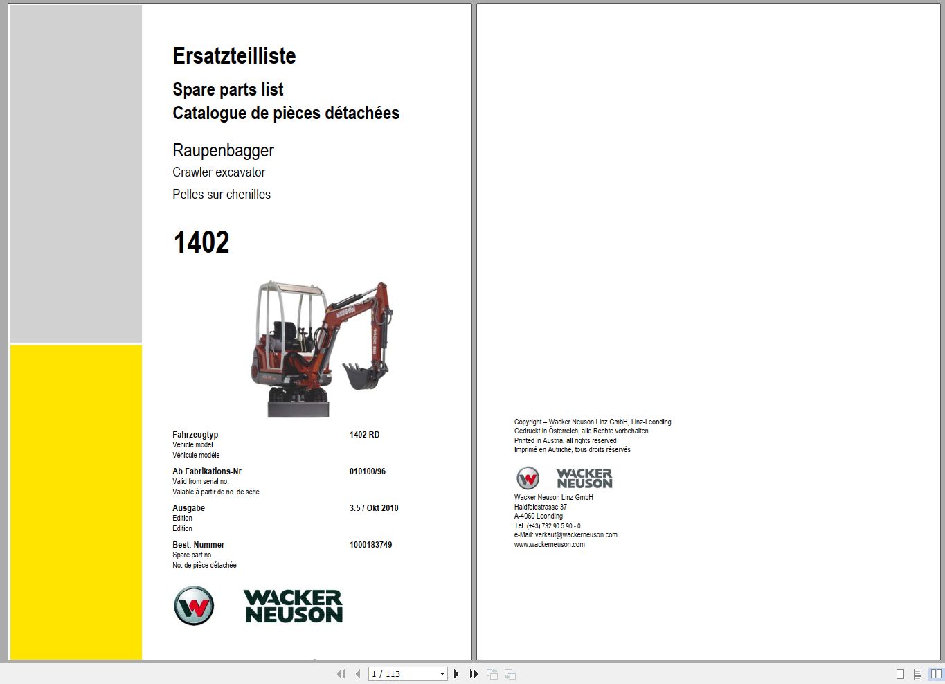 Wacker Neuson Excavator 1402 RD Spare Parts List 1000183749 1