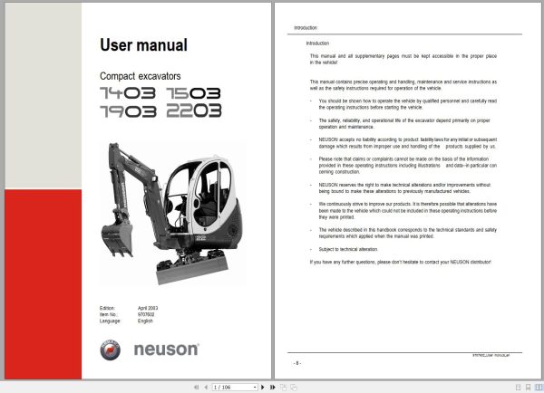 Wacker Neuson Excavator 1403 1503 1903 2203 Operating Manual 1000081332 1