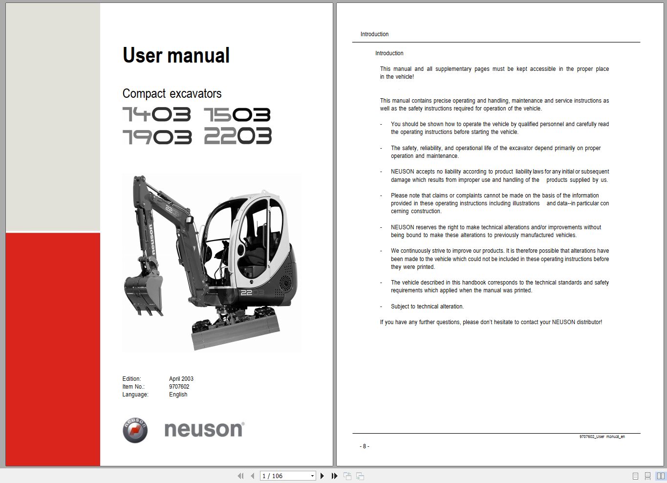 Wacker Neuson Excavator 1403 1503 1903 2203 Operating Manual 1000081332 1