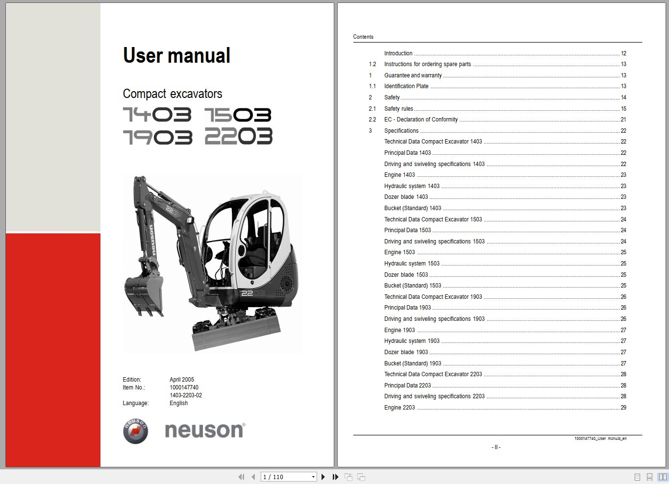 Wacker Neuson Excavator 1403 1503 1903 2203 Operating Manual 1000147740 1