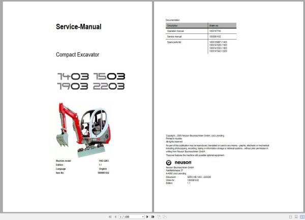 Wacker Neuson Excavator 1403 1503 1903 2203 Service Manual and Diagram 1000081432 1