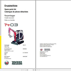 Wacker Neuson Excavator 1403 Spare Parts List 1000135987 1
