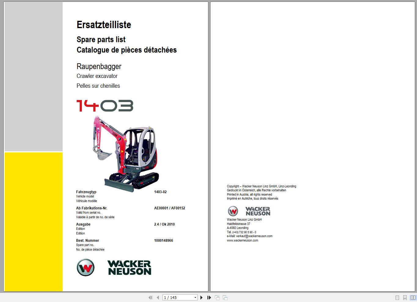 Wacker Neuson Excavator 1403 Spare Parts List 1000148966 1