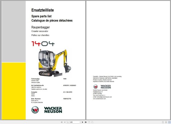 Wacker Neuson Excavator 1404 4.5 Spare Parts List 1000163718 1