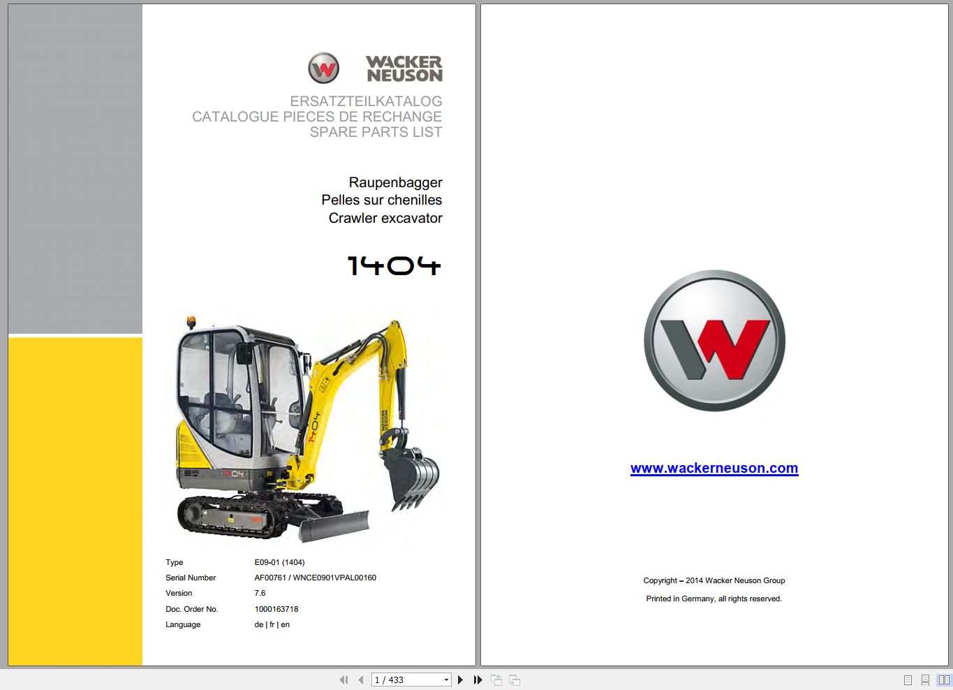 Wacker Neuson Excavator 1404 7.6 Spare Parts List 1000163718 1