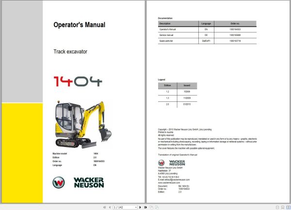 Wacker Neuson Excavator 1404 Operating Manual 1000164553 1