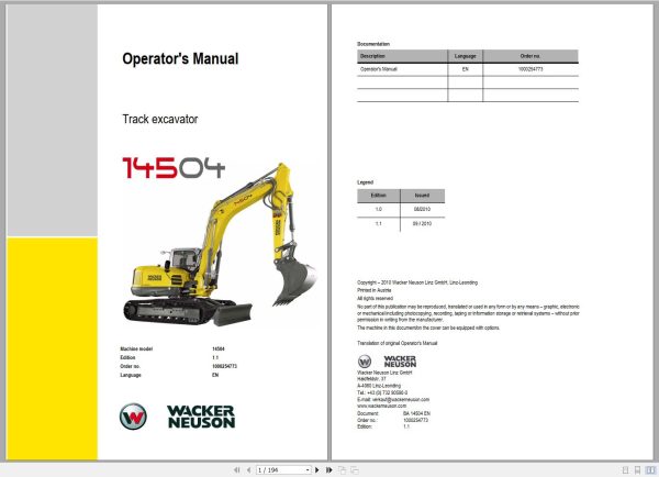 Wacker Neuson Excavator 14504 Operating Manual 1000254773 1