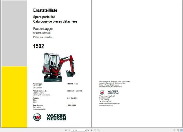 Wacker Neuson Excavator 1502 RD Force Spare Parts List 1000142099 1