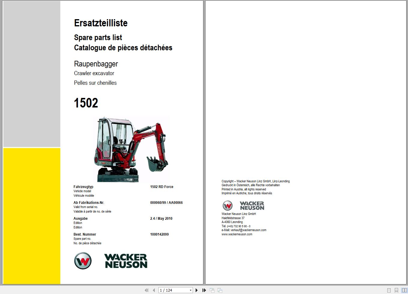 Wacker Neuson Excavator 1502 RD Force Spare Parts List 1000142099 1