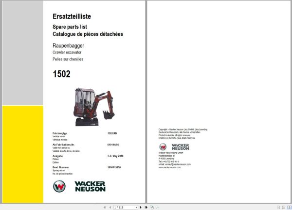 Wacker Neuson Excavator 1502 RD Spare Parts List 1000015250 1